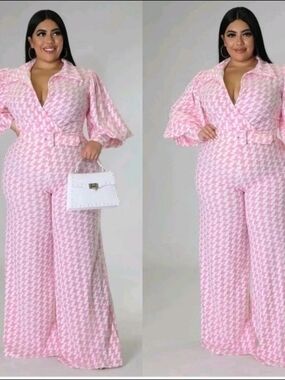 Goodtimeusa Houndstooth Print Wide-Leg Curvy & Chic Lavender Jumpsuit, 2X